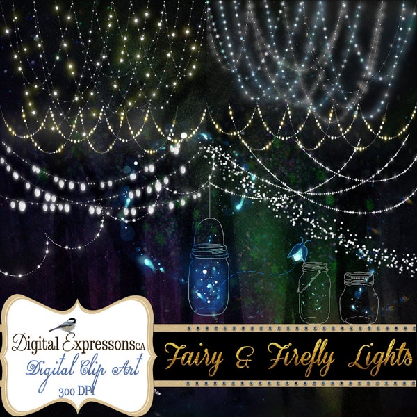 Digital Fairy Lights and Firefly Overlays, Mason Jar Lights, Magical White Lights, Wedding Lights, PNG Clipart Images,