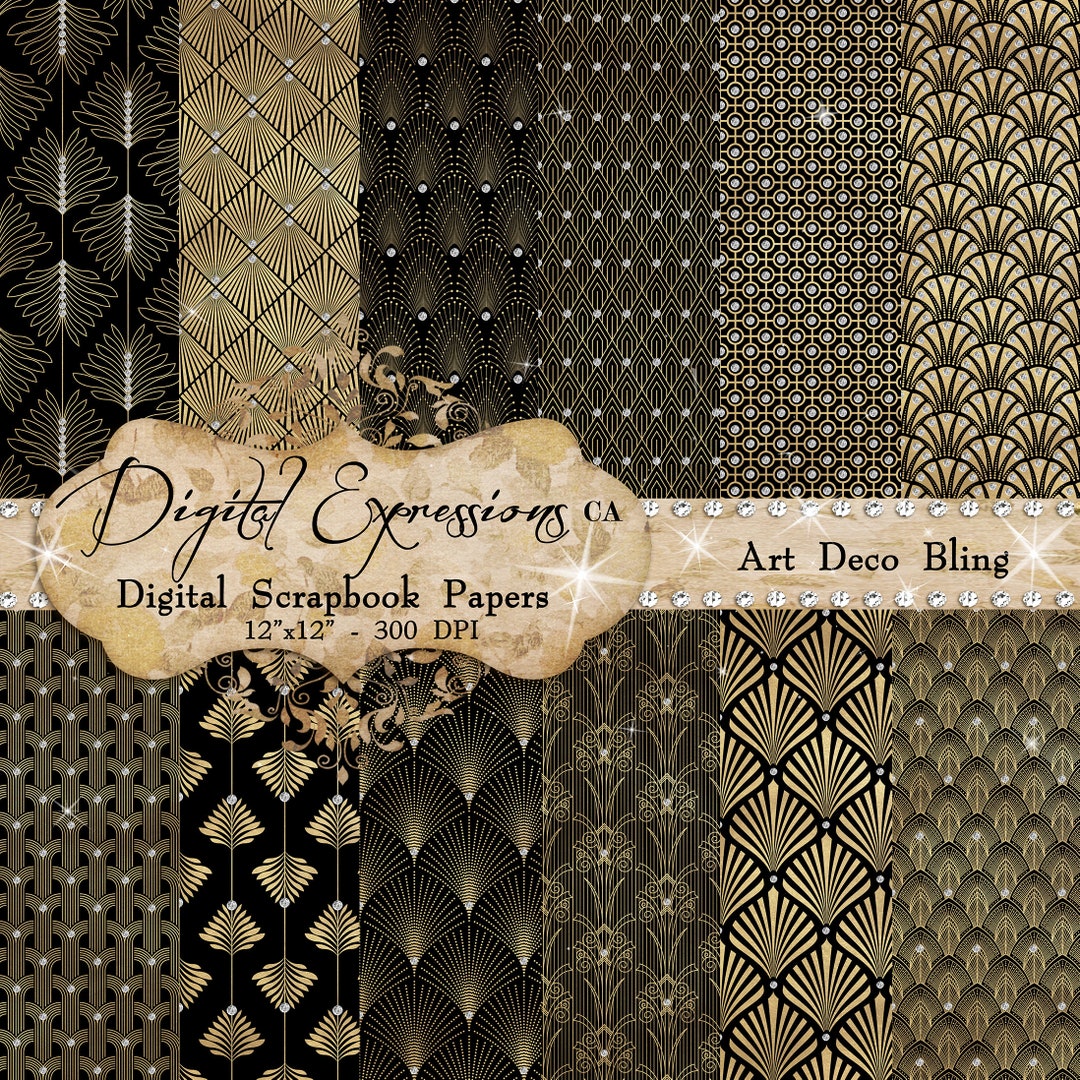 Art Deco Digital Paper, ART DECO Paper, Gemstones Diamond Gold Black