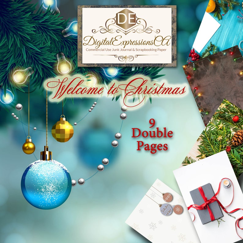 May include: A digital scrapbook paper pack with a Christmas theme. The image shows a blue background with a string of silver beads and ornaments. The text "Welcome to Christmas" and "9 Double Pages" is displayed in red.