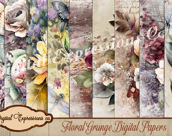 Floral Grunge Textured Digital Paper Pack, Collage, Printable Papers, Digital Paper Pack, Scrapbook Paper
