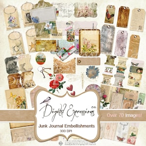 Junk Journal 70+ Digital Embellishments Kit, Botanische Digitale Add ons, Scrapbooking Paper, Digitaal papier voor Junk Journals, Collage