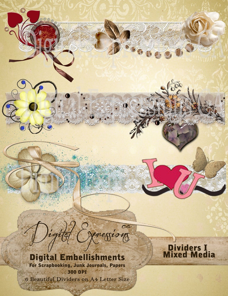 Butterfly Lace Heart Floral Junk Journal Papers 6 MIXED MEDIA Blendable Cluster Art Ribbons Collage Key Junk Journal Kit Dividers