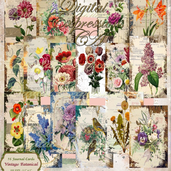 Digital Botanical Journal Cards, ATC, Printable Paper, Digital Download, Collage Sheet, Flowers, Junk Journal Ephemera, Embellishments