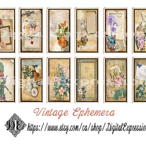 Cartões de chá digitais efêmeros vintage, cartões de chá falsos para scrapbooking botânico floral, enfeites de diário de lixo, cartões de chá