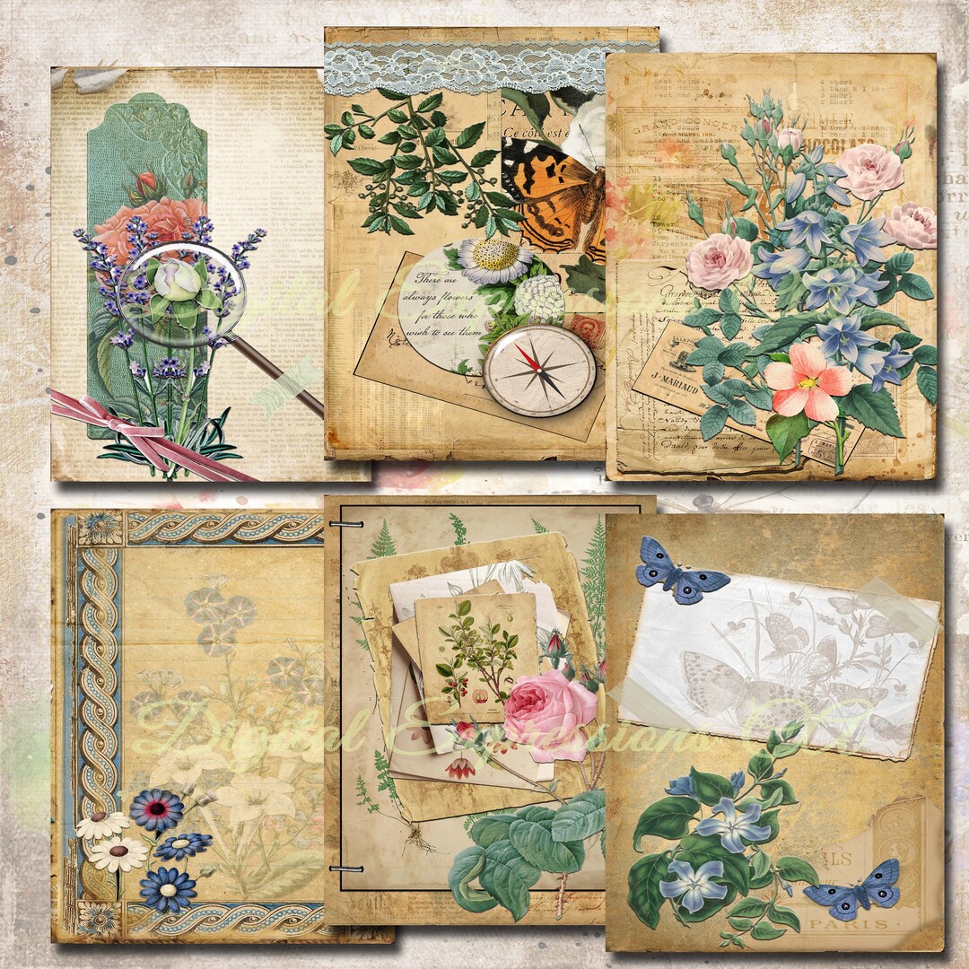 Printable Junk Journal Kit, Vintage Ephemera Papers, Floral Grunge ...