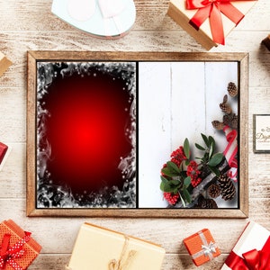 May include: A framed image with two sections. The left section is a red background with a white snowflake border. The right section is a white wood background with a sprig of greenery and red berries. The image is surrounded by wrapped gifts.