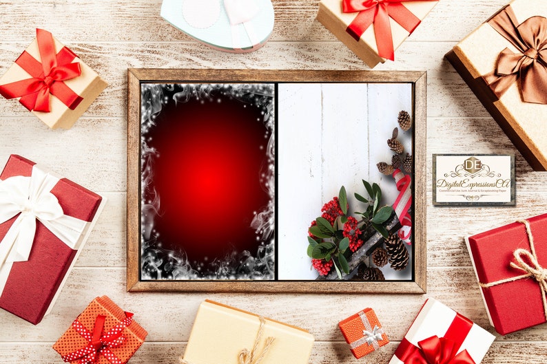 May include: A framed image with two sections. The left section is a red background with a white snowflake border. The right section is a white wood background with a sprig of greenery and red berries. The image is surrounded by wrapped gifts.
