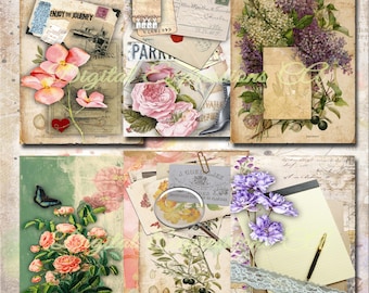 Printable Junk Journal Kit, Vintage Ephemera Papers, Floral Grunge Paper, Scrapbooking Papers, Digital Paper Prints, Collage Sheets