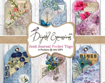 Digital Junk Journal Pockets, Vintage Botanical Junk Journals, Shabby Chic Printables, Junk Journal Pockets, Pocket Printable Inserts