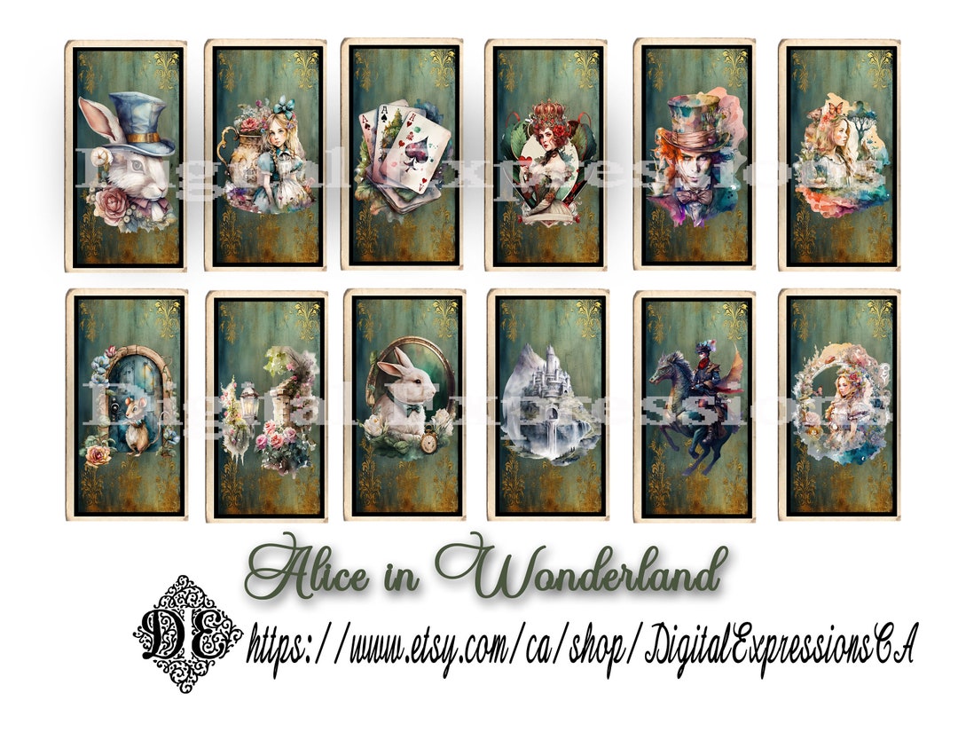 Tea Cards, Alice in Wonderland Watercolor Digital TEA Cards, Botanical