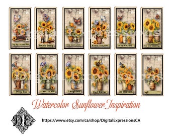 Tea Cards, Watercolor Sunflower Butterfly Pots Inspirational DIGITAL TEA Cards, Floral Vintage Faux Tea Cards, Junk Journal Embellishments