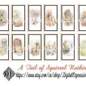 May include: A set of 12 illustrated cards featuring a squirrel named Nutkin. The cards depict scenes from the story, including Nutkin interacting with an owl, a squirrel family, and a lake.