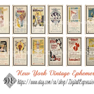 Cartões de chá vintage de coisas efêmeras de Nova York, enfeites de cartões de chá digitais do Junk Journal, cartões de chá digitais de coisas efêmeras de Nova York para revistas de lixo