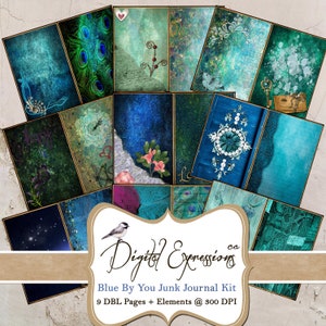 Blue by You Junk Journal Kit, Scrapbooking Paper, Turquoise Grunge Papers, Teal Digital Paper for Junk Journals, Collage Sheets