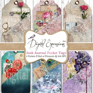 Digital Junk Journal Pockets, Vintage Botanical Junk Journals, Shabby Chic Printables, Junk Journal Pockets, Pocket Printable Inserts