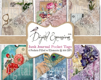 Vintage Botanical Junk Journal Pockets: Shabby Chic Printable Tags (Digital Download)