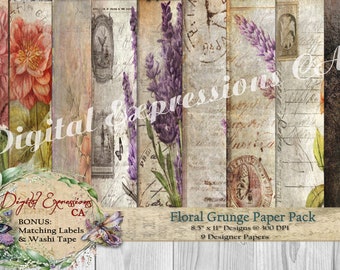 Floral Grunge Textured Digital Paper Pack with Embellishments-Tags Washi Tape Collage, Printable Papers, Digital Paper Pack, Scrapbook Paper