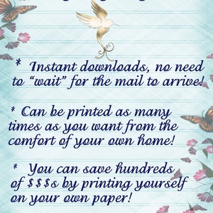 May include: A blue and white graphic with butterflies and a bird, with the text "Why buy Digital?" and a list of reasons to buy digital products. The text says "Instant downloads, no need to "wait" for the mail to arrive!" "Can be printed as many times as you want from the comfort of your own home!" and "You can save hundreds of $$$ by printing yourself on your own paper!"