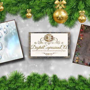 May include: Three digital scrapbook paper designs featuring Christmas themes. The first design is a pink background with red poinsettias and snowflakes. The second design is a blue background with white ornaments and snowflakes. The third design is a blue and brown background with a white card, pine branches, and a string of lights.