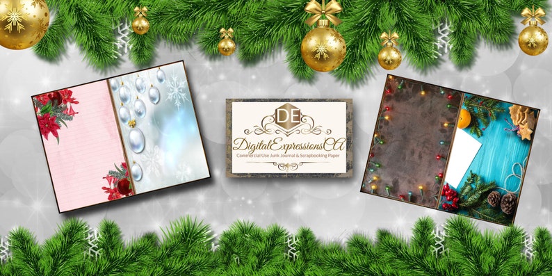 May include: Three digital scrapbook paper designs featuring Christmas themes. The first design is a pink background with red poinsettias and snowflakes. The second design is a blue background with white ornaments and snowflakes. The third design is a blue and brown background with a white card, pine branches, and a string of lights.