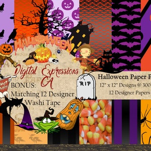 HALLOWEEN Digital Paper Pack, Digital Paper for Junk Journals, Washi Tape, Witch, Pumpkin, Printable Scrapbooking Paper, Embellishments