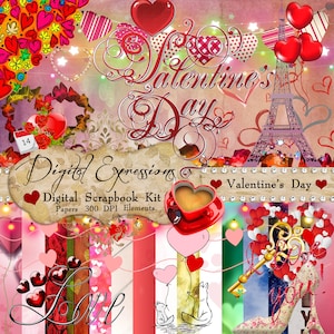 Scrapbook Kit, Digital Valentine Scrapbooking Kit, Valentines Paper, Lights, Hearts, Romance, Love, Valentine Background, Red Pink Paper