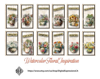 Tea Cards, Watercolor Floral Pots Inspirational DIGITAL TEA Cards, Floral Vintage Faux Tea Cards, Junk Journal Embellishments