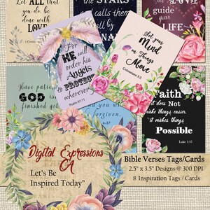Inspirerende BIJBELVERZEN wenskaarten, Afdrukbare download TAGS, Scripture Art hang tags, collage blad, handgemaakte tags, bloemen