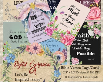 Inspirational BIBLE VERSES greeting cards, Printable download TAGS, Scripture Art hang tags, collage sheet, handmade tags, floral