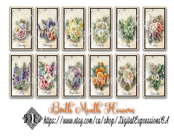 Birth Month Vintage Botanical TEA Cards, Floral Vintage Faux Tea Cards, Junk Journal Embellishments, Nature Tea Cards, Digital Tea Cards