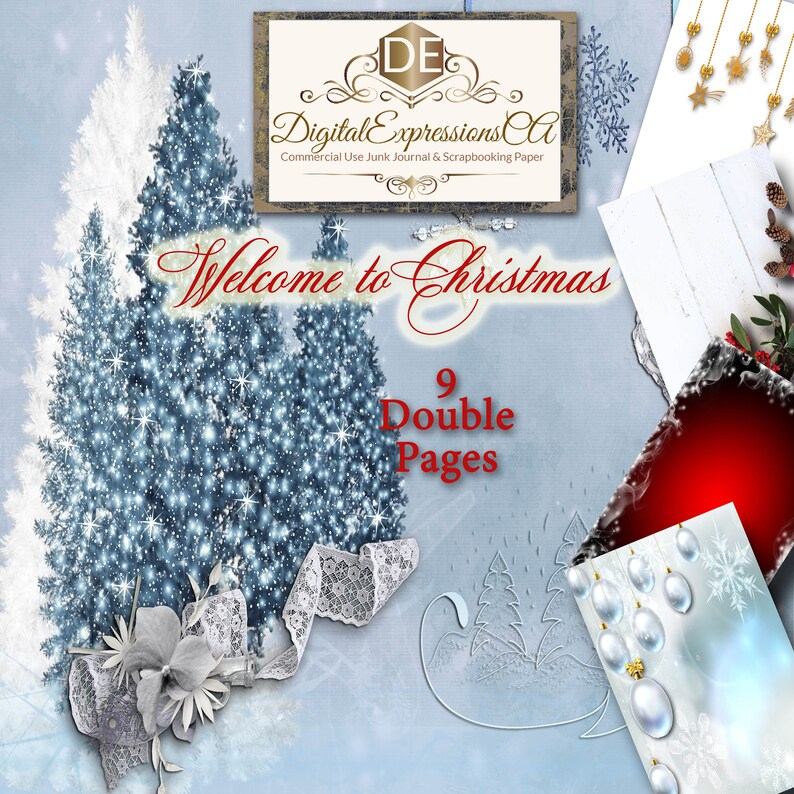 May include: A digital scrapbooking paper pack with a winter theme. The cover features a blue and white Christmas tree with snowflakes and a white lace ribbon. The text "Welcome to Christmas" and "9 Double Pages" is also included.