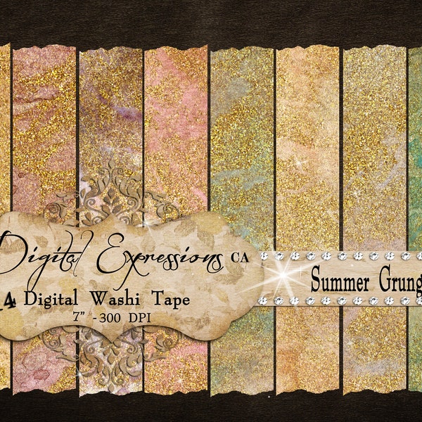 Digital Grunge Printable Washi Tape, Designer Gold Veined Grunge Summer Shabby Chic Digital Washi Tape, Clipart Graphics