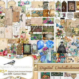 Junk Journal kit 125+ Digital Embellishments, Botanical Digital Add ons, Scrapbooking Paper, Digital Paper Prints, Collage, Clip Art