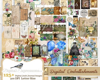 Junk Journal kit 125+ Digital Embellishments, Botanical Digital Add ons, Scrapbooking Paper, Digital Paper Prints, Collage, Clip Art