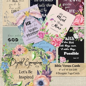 Inspirierende BIBLE VERSES Grußkarten, druckbare Download TAGS, Schrift Kunst hängen Tags, Collage Blatt handgefertigte Tags, blumen