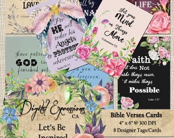 Inspirational BIBLE VERSES greeting cards, Printable download TAGS, Scripture Art hang tags, collage sheet  handmade tags, floral