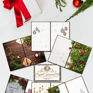 May include: A set of six printable digital papers featuring a Christmas theme. The papers include a woodgrain background with pine branches, a white background with snowflakes and ornaments, a white background with gold stars and ornaments, a white background with a silver glitter tree, and a white background with a pine branch border.