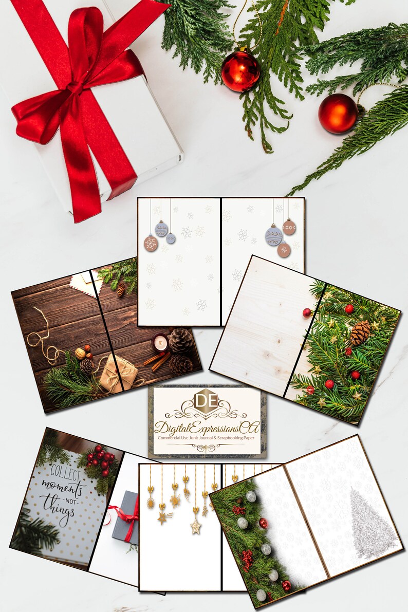 May include: A set of six printable digital papers featuring a Christmas theme. The papers include a woodgrain background with pine branches, a white background with snowflakes and ornaments, a white background with gold stars and ornaments, a white background with a silver glitter tree, and a white background with a pine branch border.