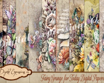 Fairy Grunge Textured Digital Paper Pack with Embellishments-Tags, Pockets, Collage, Printable Papers, Digital Paper Pack, Scrapbook Paper