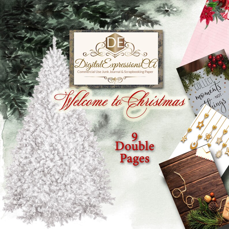 May include: A digital scrapbooking paper pack with a snowy white Christmas tree, a wooden background, and a pink background with the text "Collect moments not things". The pack includes 9 double pages.