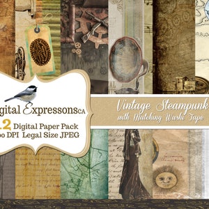 Papel digital Steampunk, papéis grunge VINTAGE STEAMPUNK, padrão masculino, folha de papel digital imprimível, artesanato em papel de mídia mista