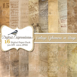 Papel digital vintage, Grunge VINTAGE EPHEMERA em papéis bege, Junk Journal, folha de papel digital imprimível, artesanato em papel de mídia mista