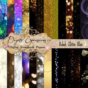 Bokeh DIGITAL Paper, Bokeh Gold Glitter Scrapbook Paper, Colorful Bokeh Digital Paper, Lights Stars Hearts, Bokeh Backgrounds Effects