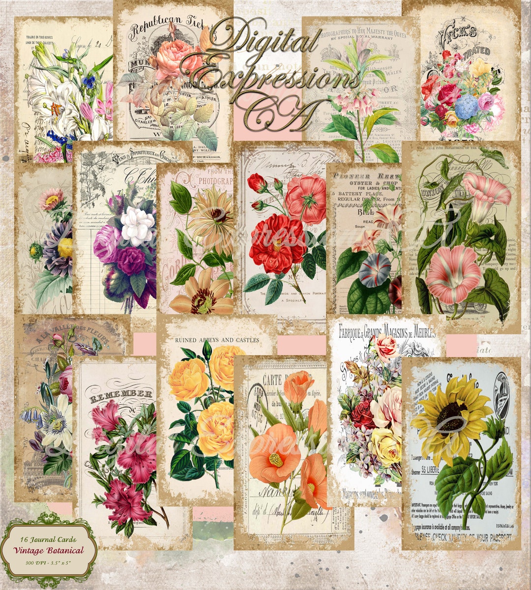 Digital Botanical Journal Cards, ATC, Printable Paper, Digital Download ...