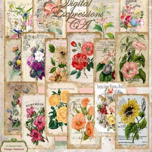 Digital Botanical Journal Cards, ATC, Printable Paper, Digital Download, Collage Sheet, Flowers, Junk Journal Ephemera, Embellishments