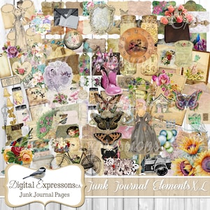 Junk Journal-kit 120+ digitale versieringen, botanische digitale add-ons, scrapbooking, digitaal papier voor junk-tijdschriften, illustraties