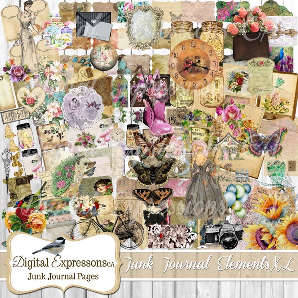 Junk Journal kit 120+ Digital Embellishments, Botanical Digital Add ons, Scrapbooking Paper, Digital Paper for Junk Journals, Clip Art