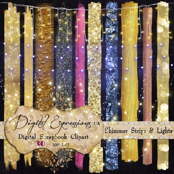 String Lights Washi Tape Gold Glam Paint Strokes Clipart Bokeh Overlays Gold Blue Pink Glitter Brush Stroke Clip Art Glam PNG Overlays