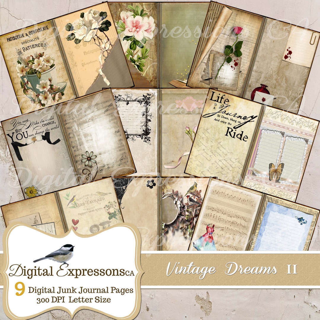 Vintage Dreams 2 Junk Journal Pages, Vintage Grunge Floral Ephemera ...