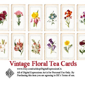 Cartes de thé, VINTAGE FLORAL Digital TEA Cards, Faux Tea Cards, Embellissements, Collage, Aged, vintage Ephemera, Junk Journal Embellishments